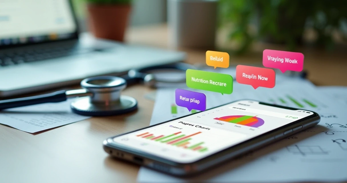 Gráficos de evolução e mensagens motivacionais em tela de celular com fundo de consultório 