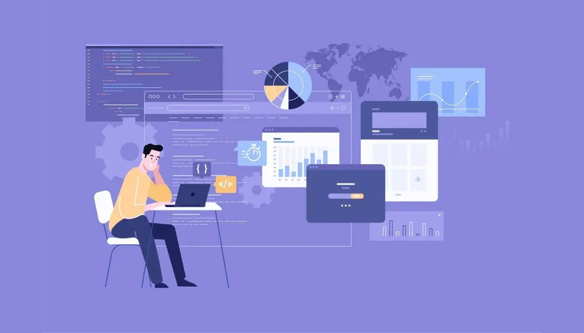 Illustration of a person at a desk working on a laptop, surrounded by floating charts, graphs, code snippets, and UI elements.