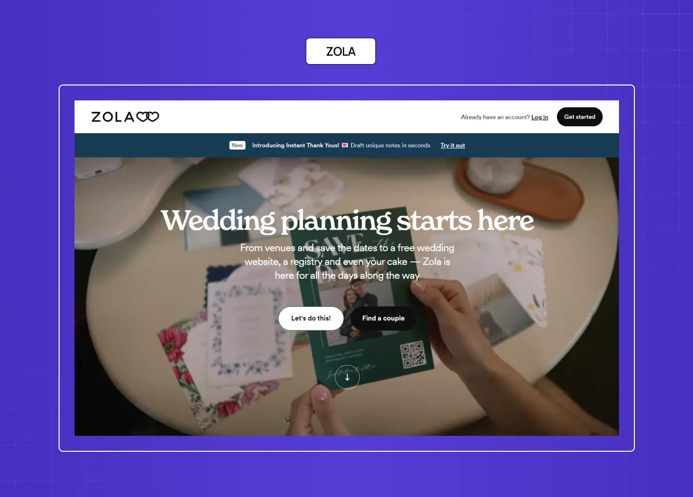 Zola wedding planning website featuring registry, venue, and wedding management tools with elegant visuals.