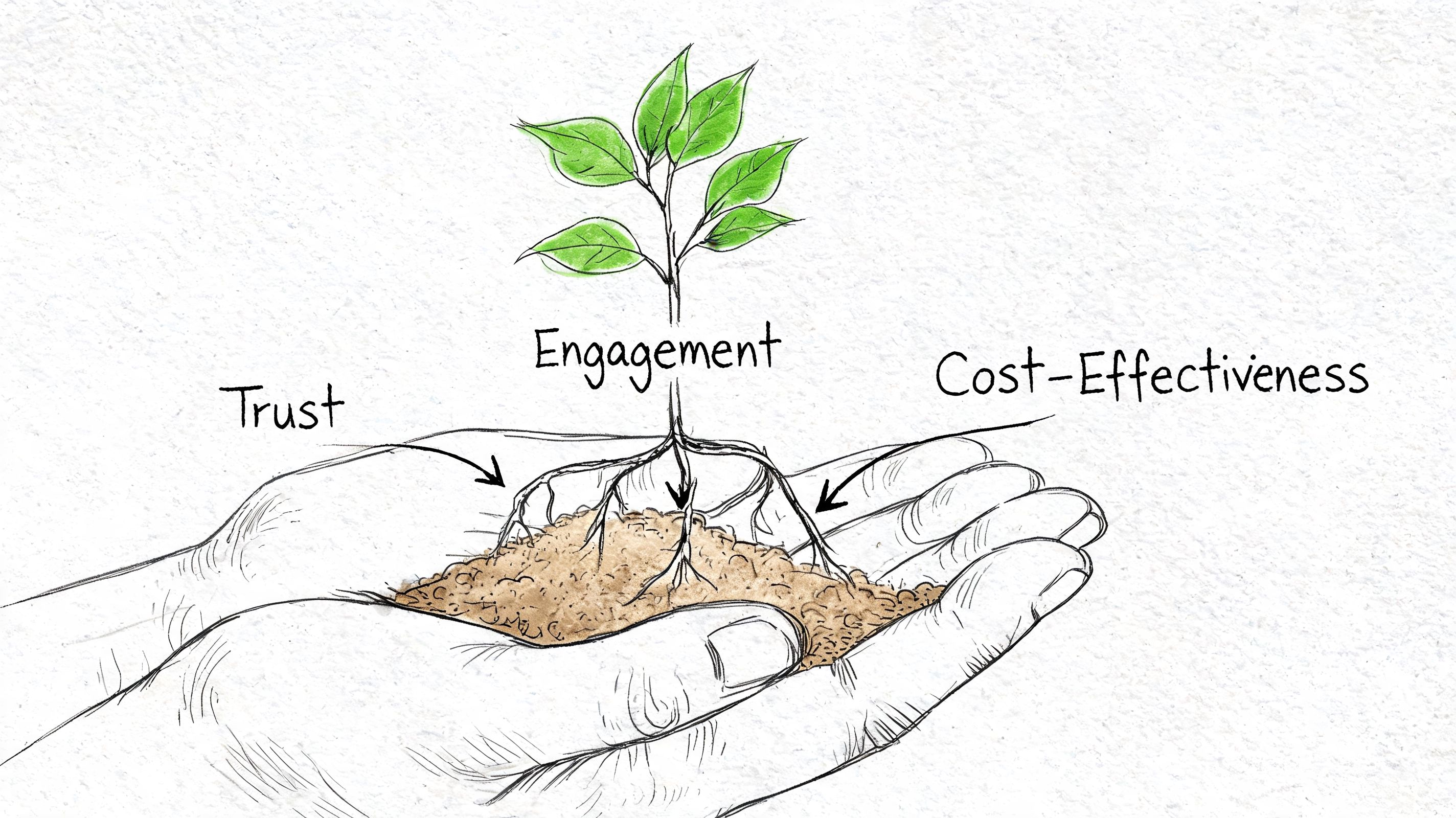 A conceptual illustration of a plant growing from hands with roots labeled as Trust and Cost-Effectiveness.