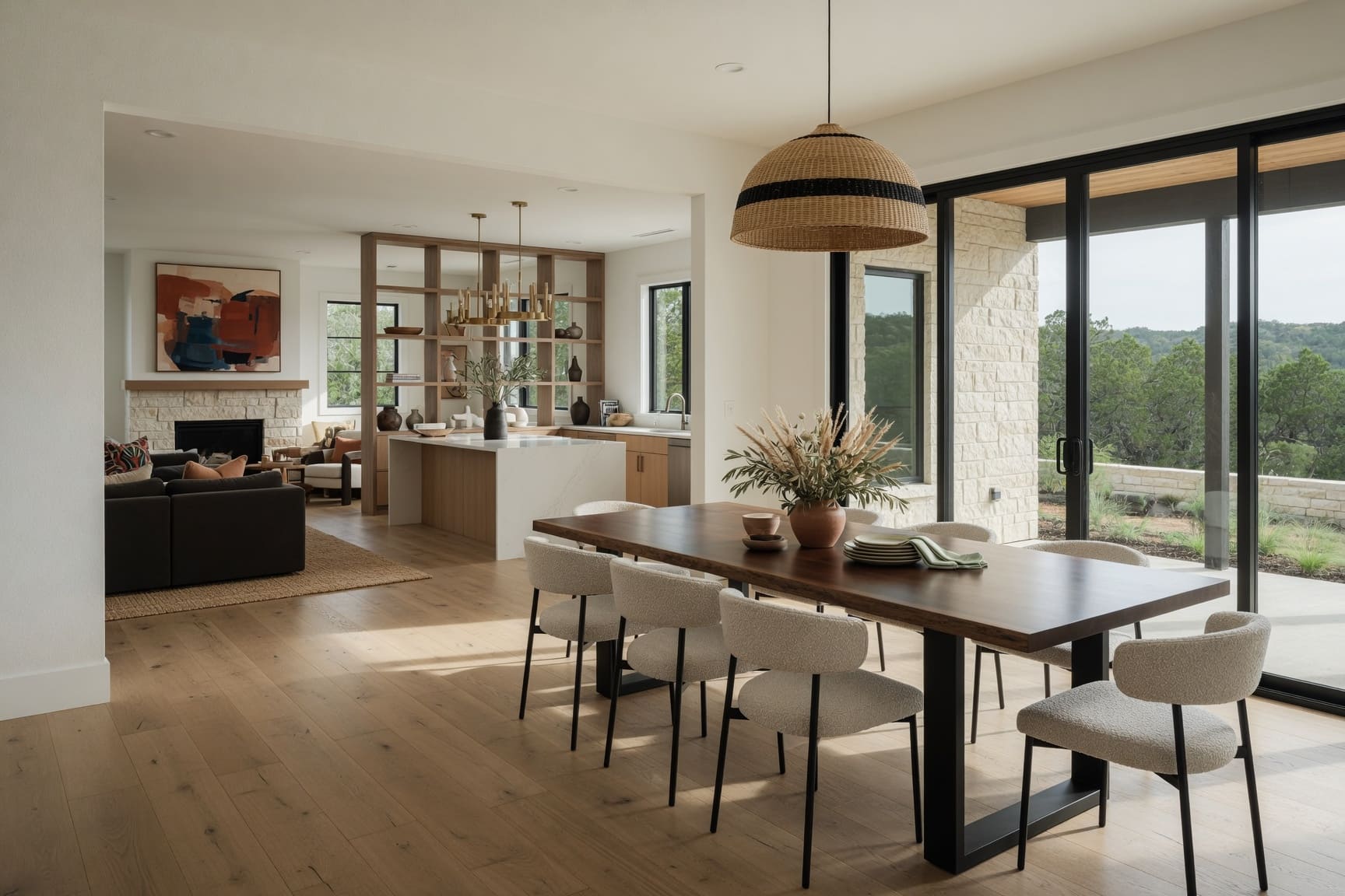Dining room with open shelving and stone accent wall