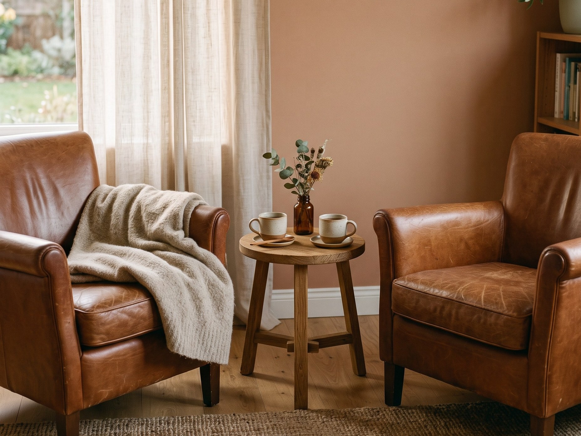 Two leather armchairs facing each other in a quiet therapy room
