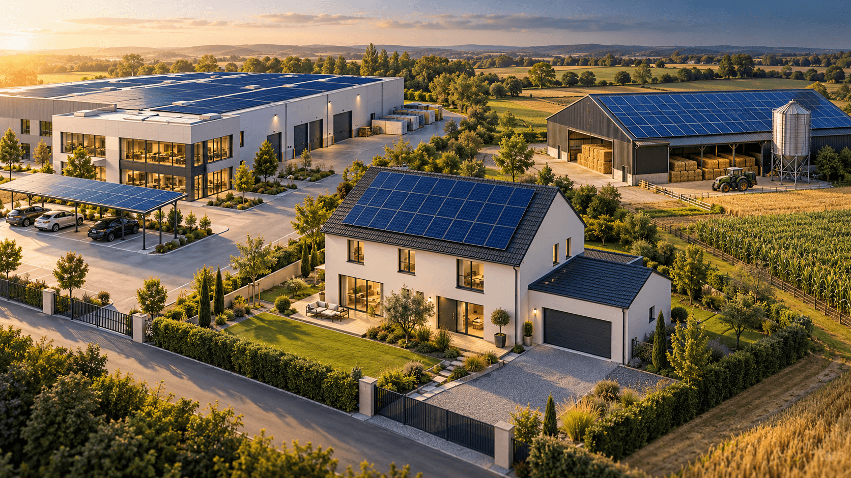 Illustration de principe : site professionnel, maison et exploitation agricole équipés de panneaux solaires