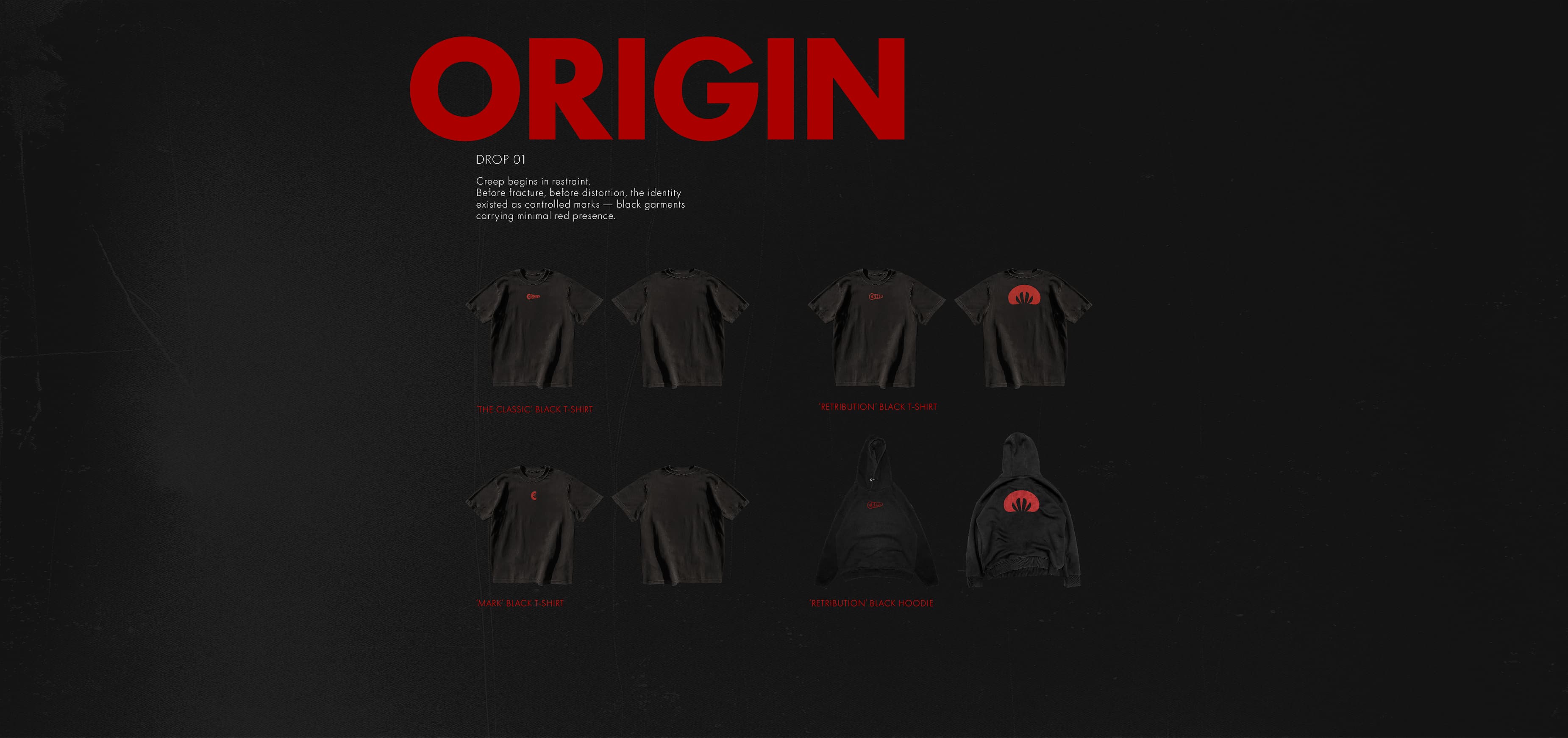 Streetwear release - origin, drop 01, showing new collection of black tees with minimal branding for strong presense.