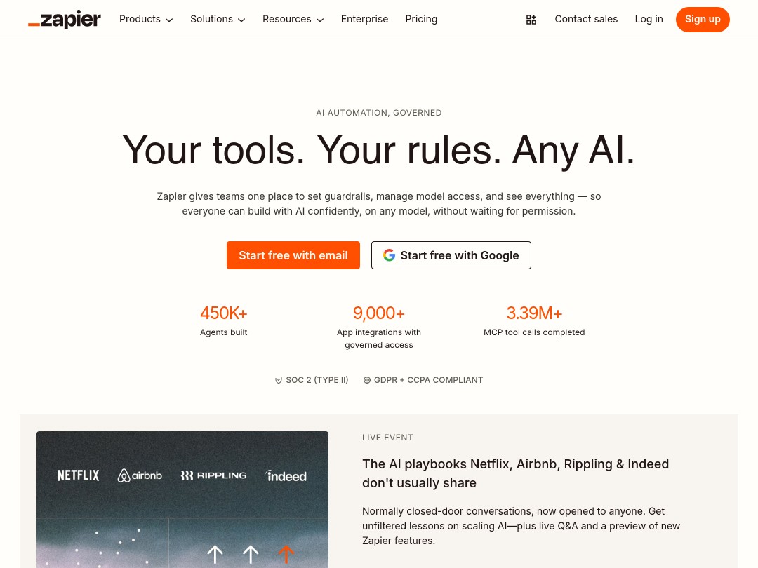 Zapier homepage highlighting AI integration and signup options.