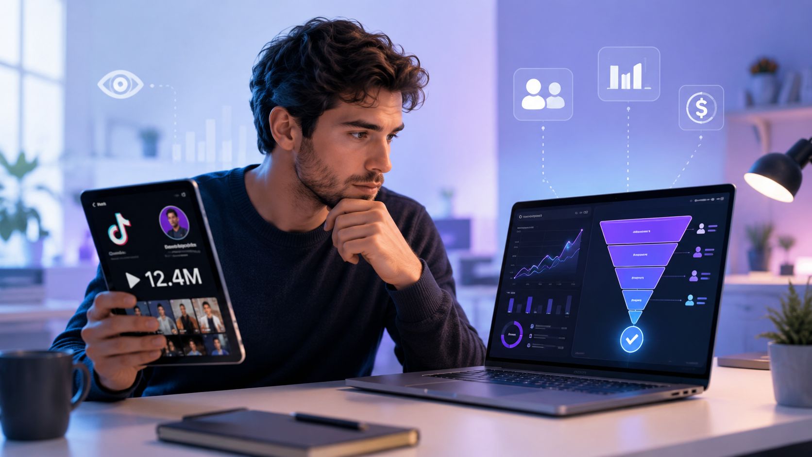 A professional analyzing social media data on a laptop and tablet to optimize a digital marketing strategy.