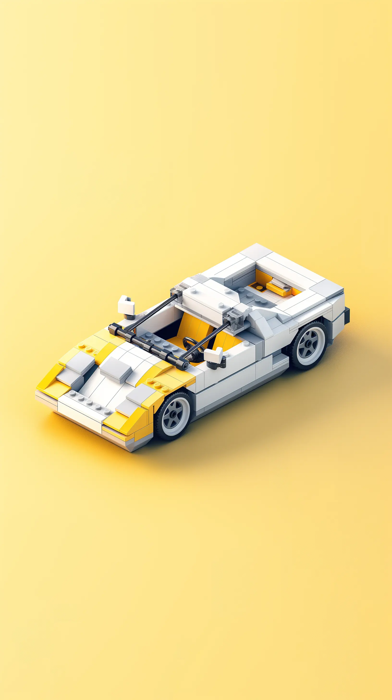 A LEGO-style car toy, with white and yellow color matching, is placed on the screen in an ultra-high definition image quality. The background of the picture is solid-colored, with high saturation and high brightness. There should be no shadows or other elements on it. It has sharp edges and smooth curves, giving people an elegant feeling in the style of LEGO.