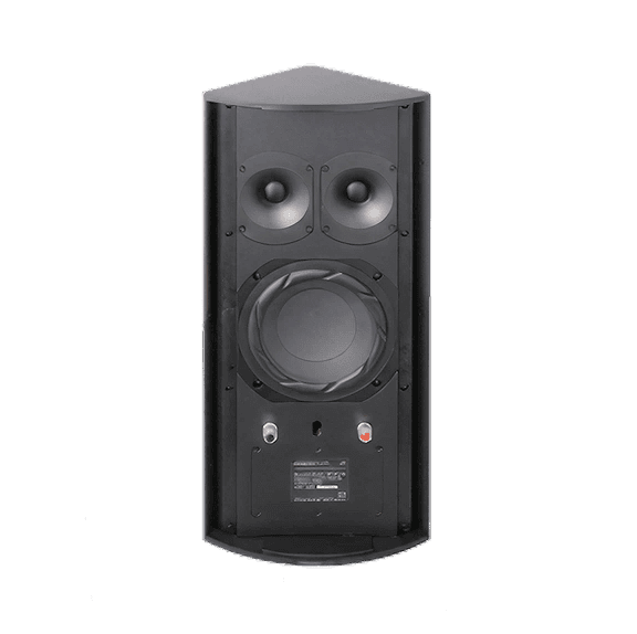 Black corner speaker with two tweeters and a woofer.