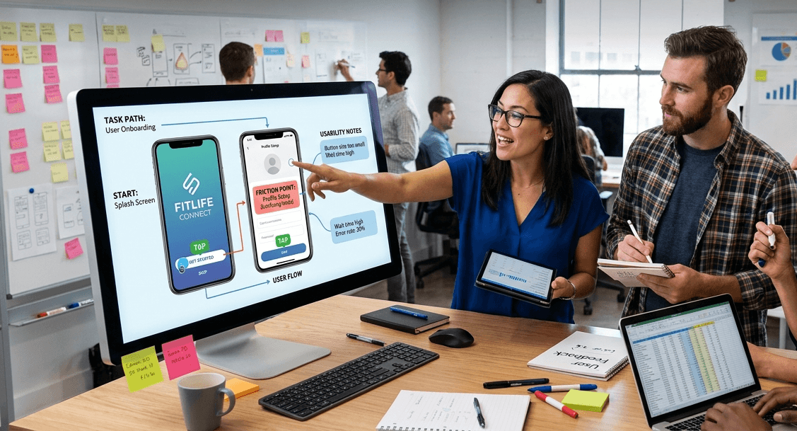 Cover image showing a product team reviewing a prototype usability test, with a user onboarding flow displayed on a large screen highlighting friction points, task path, and usability notes.