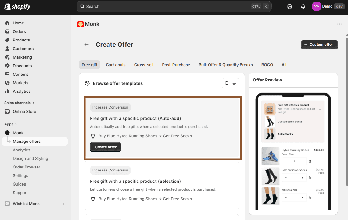 Creating a Buy X Get Y Automatically added free gift using Monk Free Gift on Shopify