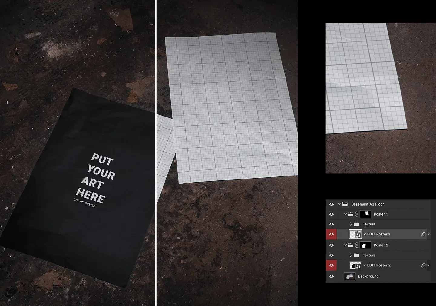 Basement A3 poster mockup Photoshop smart object editing and layered file preview