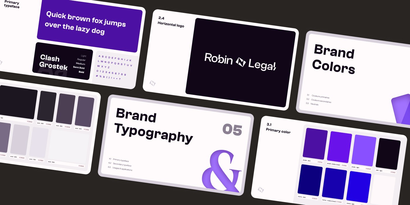 Mockup de présentation des Brand Guidelines pour Robin Legal par Diana Som. La composition montre plusieurs pages du guide de style : typographie primaire, déclinaison du logo horizontal sur fond noir, palettes de couleurs primaires (nuances de violet et bleu) et nuancier de gris. Le design est épuré, moderne et structuré.