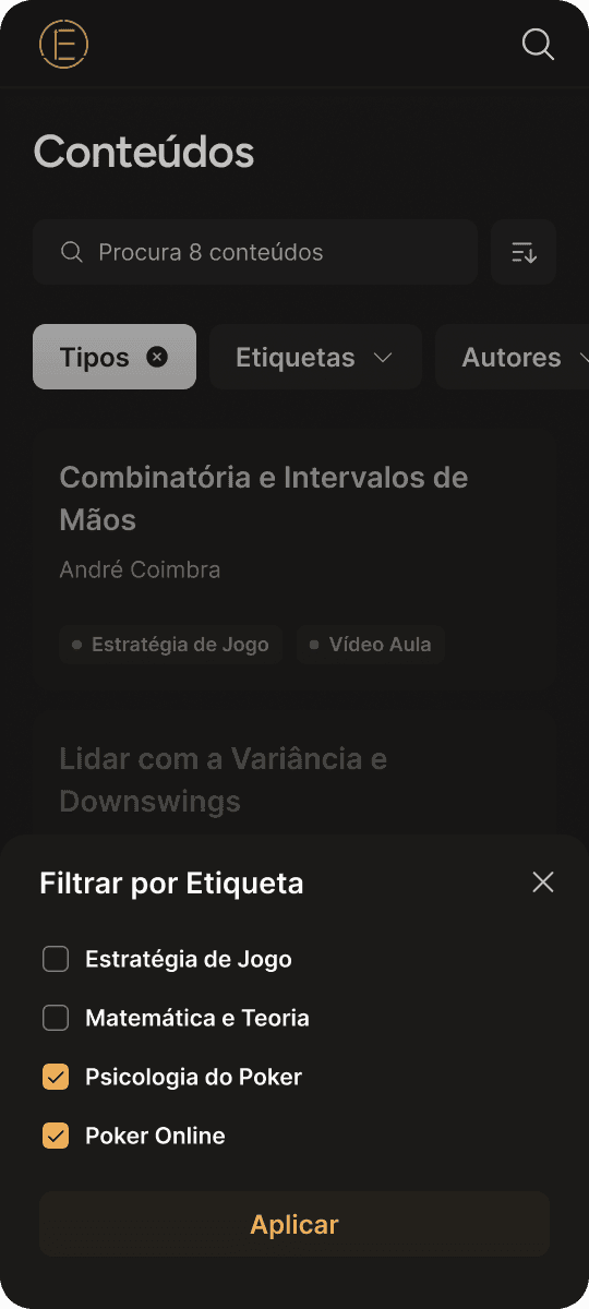 Dark-themed user interface of Evolution Academy mobile app showing a content search menu with filter options. Categories include "Estratégia de Jogo" and "Poker Online.".