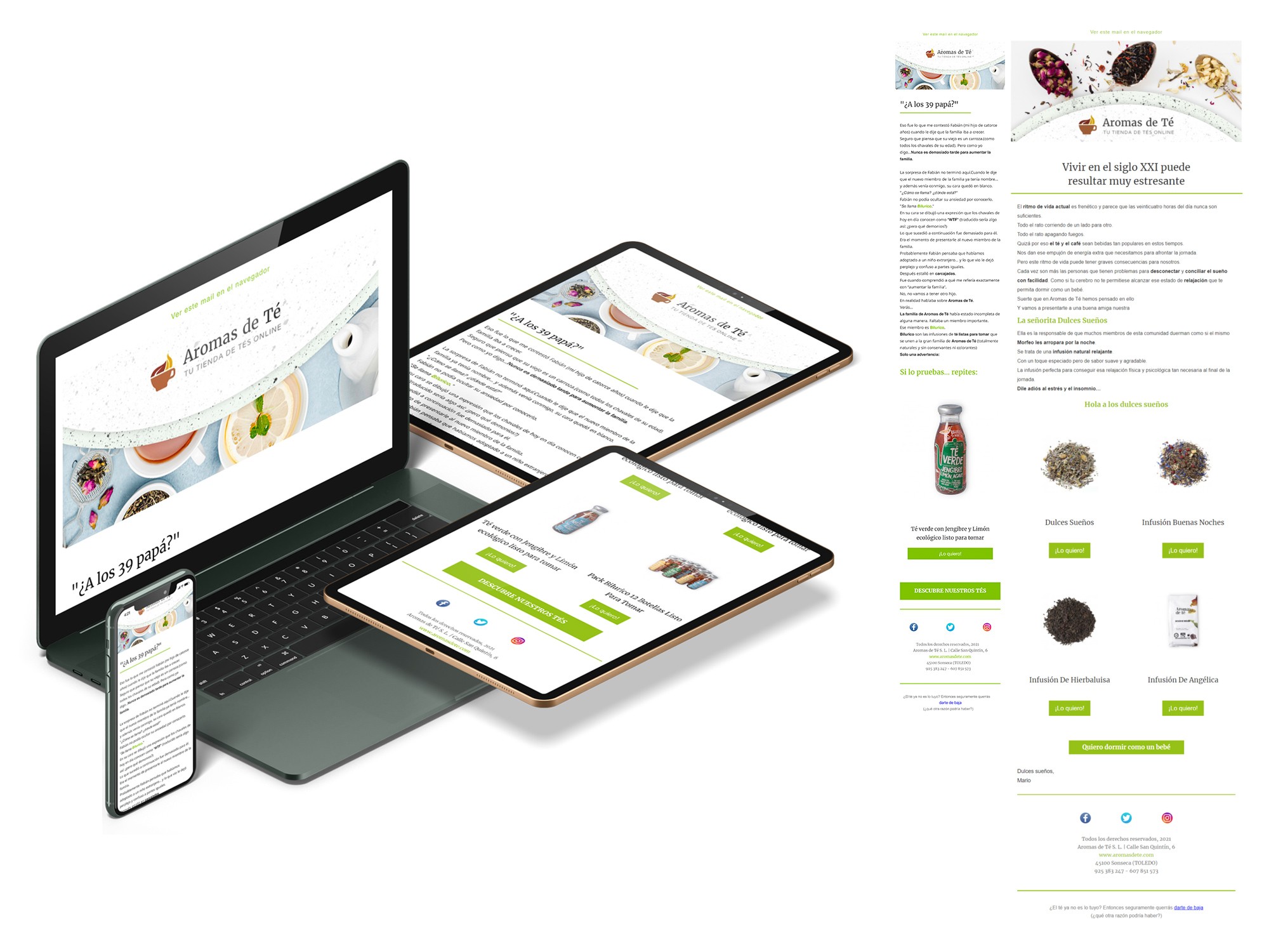 Dispositivo móvil, laptop y 2 tablets mostrando la interfaz de las newsletters a modo responsive