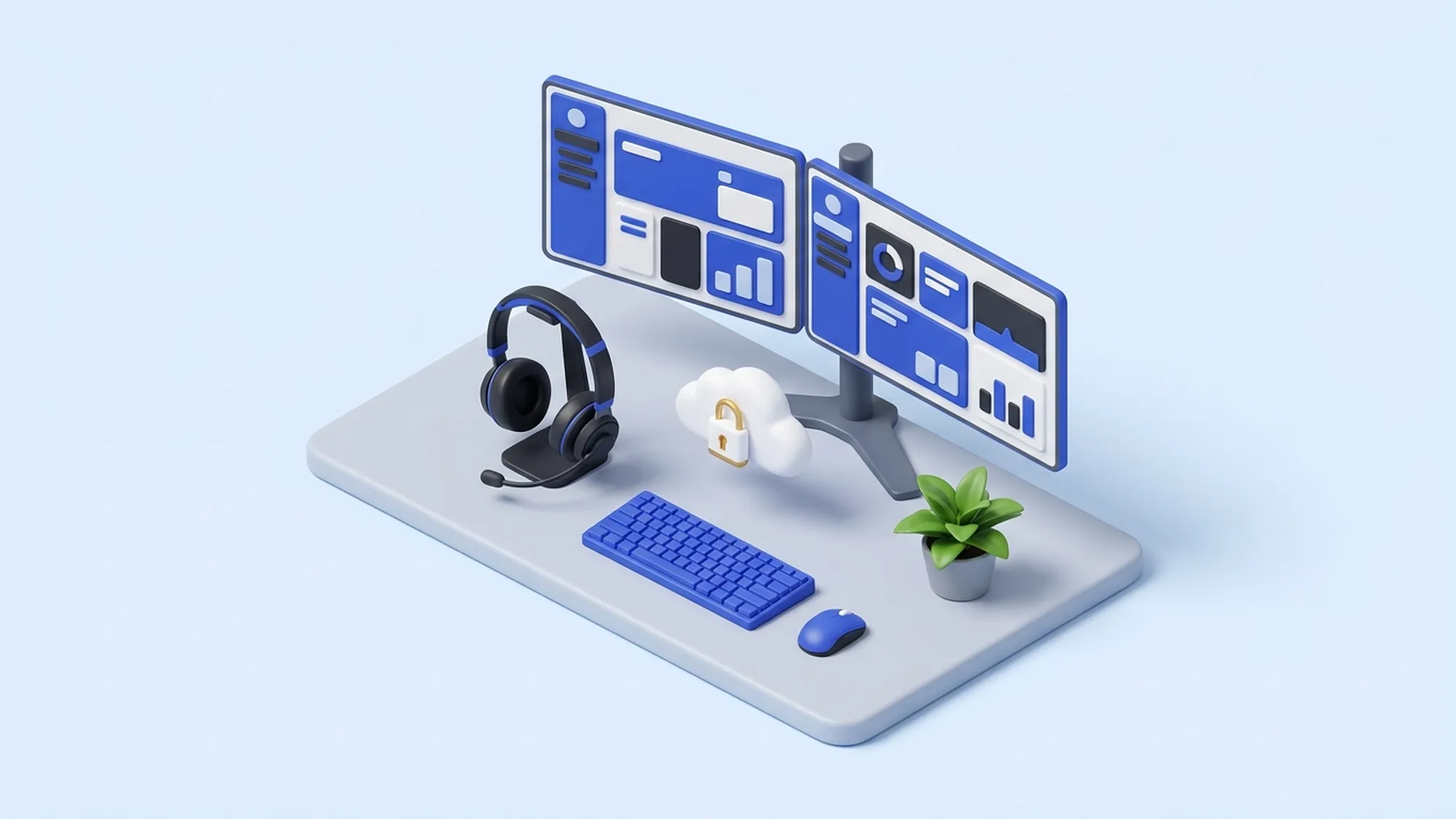 3D-illustratie van een werkplek in een uitbesteed callcenter: headset, twee CRM-schermen en beveiligde cloud