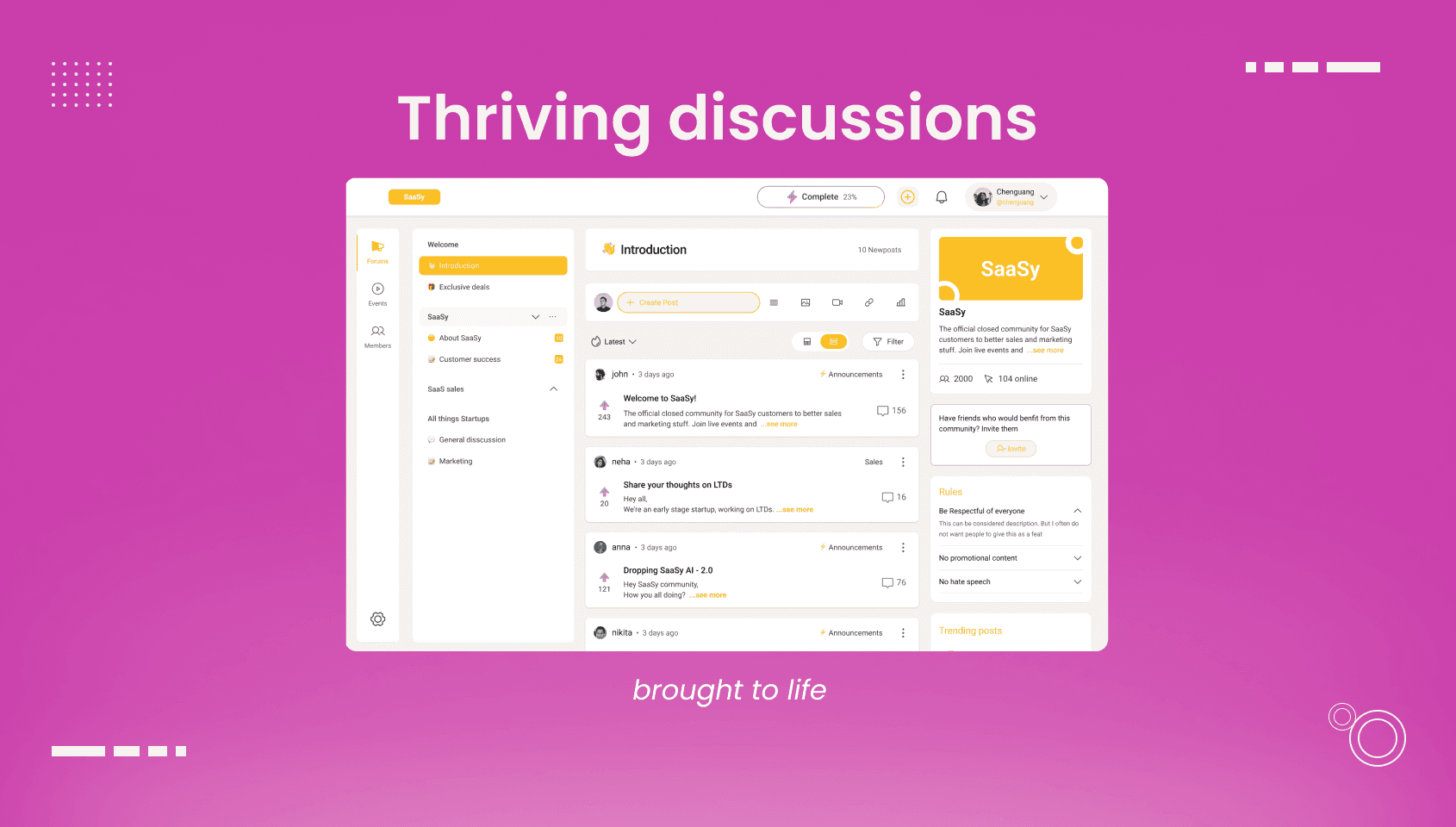 Forums user interface of a community built using Wylo, showing thriving discussions among fellow members.