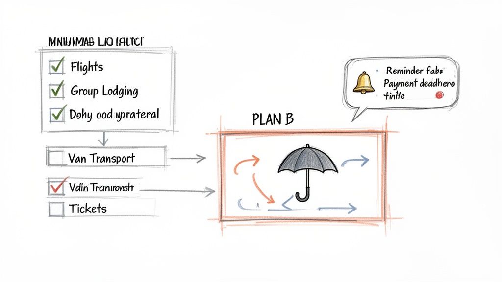 Hand-drawn travel planning flowchart with completed and pending tasks, 'Plan B' with an umbrella, and a reminder.