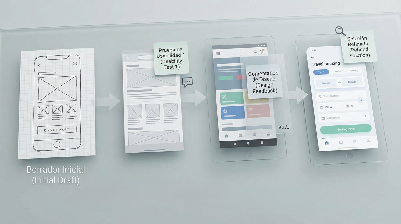 Iteración de diseño UX que muestra la evolución de wireframes a interfaces refinadas a partir de pruebas de usabilidad y retroalimentación de usuarios en un proyecto de certificación de Google.