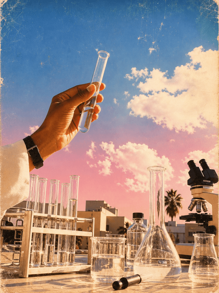 A layered stack of Polaroid-style cards showing a hand holding a sunscreen tube against a pink cloudy sky and a modernist building, captioned "Molecular Skin Science — Rooted in molecular biology. Powered by biotech actives studied for UV-stressed skin."
