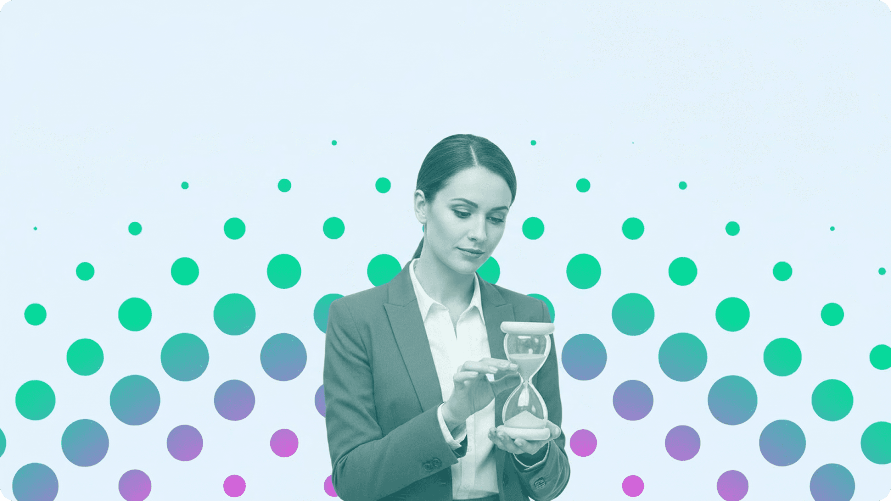 Duotone teal and purple illustration of a businesswoman holding an hourglass, representing lead age and time-sensitive follow-up.