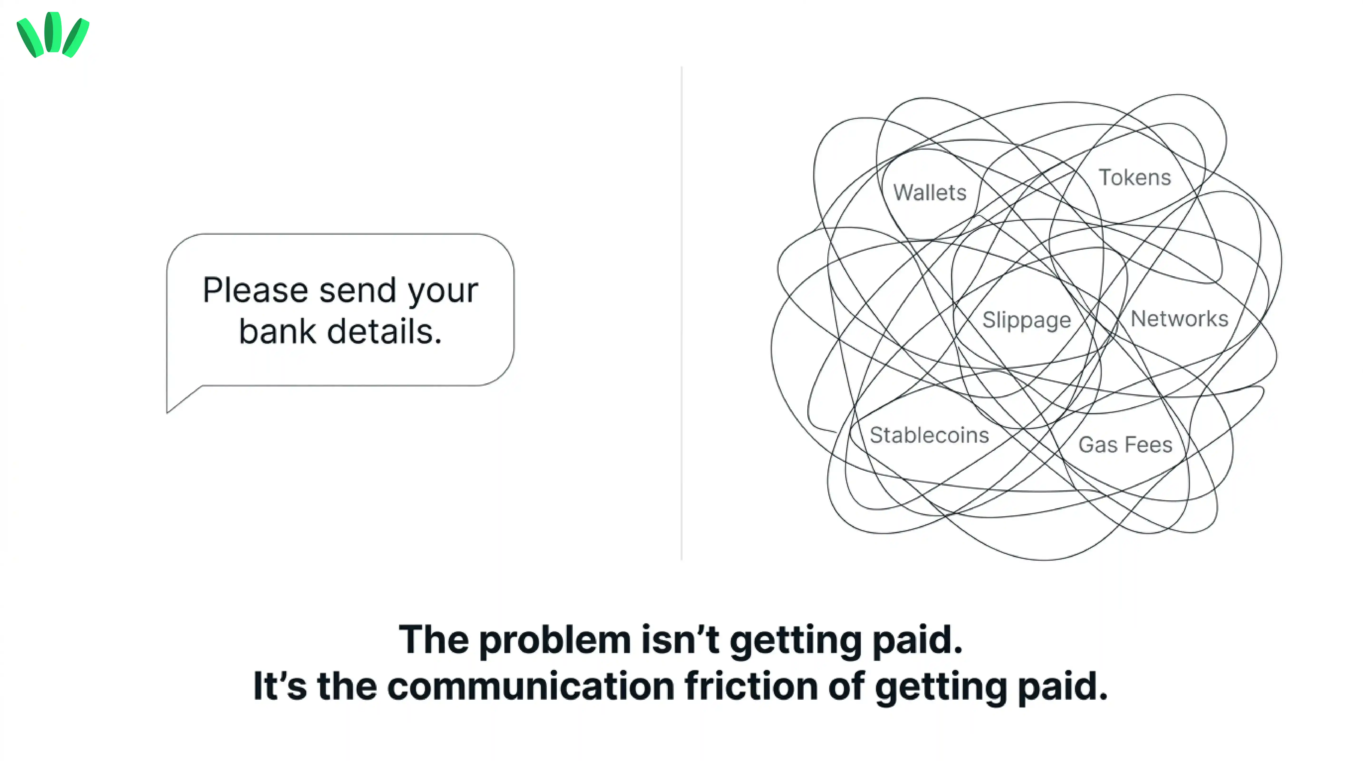 Freelancer receives a request for bank details while facing confusing crypto payment options such as wallets, tokens, networks, gas fees, and stablecoins.