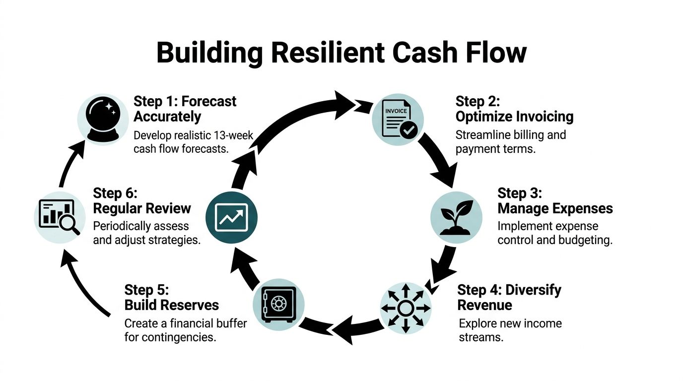 A diagram illustrating six steps to build resilient cash flow for small businesses, from forecasting to review.