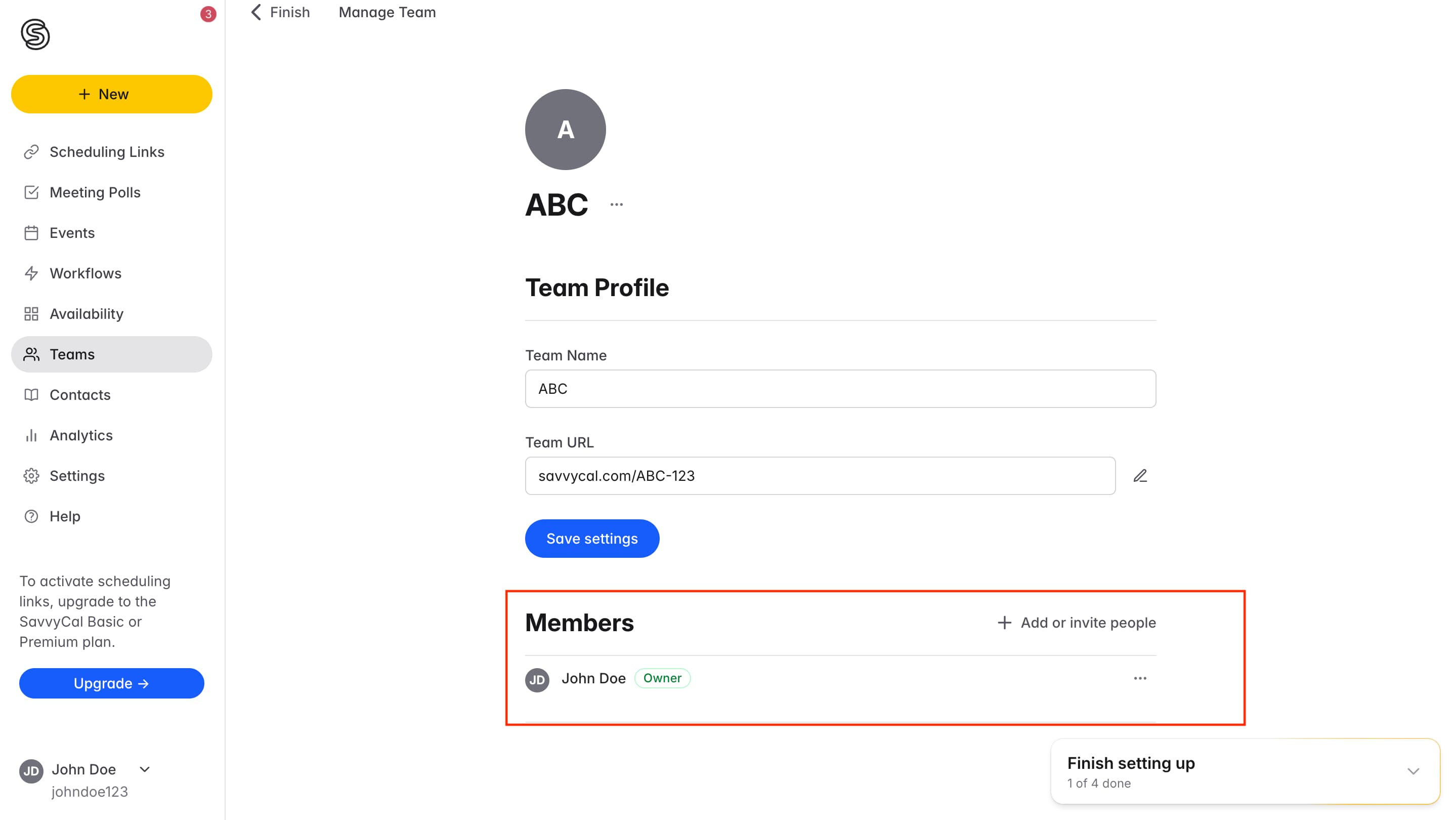 Savvycal team settings page showing team members added