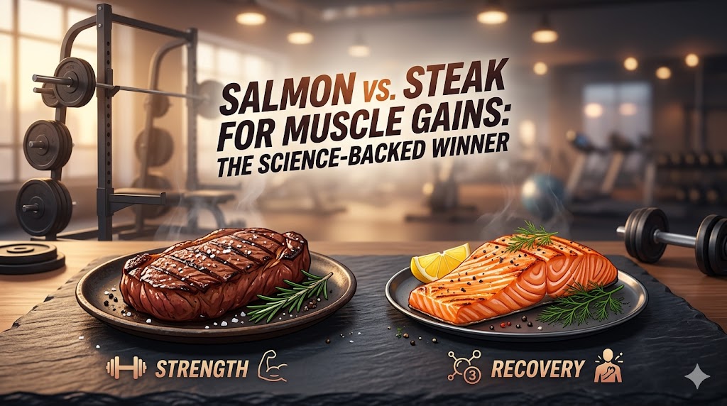 A comparison of a grilled sirloin steak (labeled "Strength") and a wild salmon fillet (labeled "Recovery") on a dark slate in a modern gym, with an overlay titled "Salmon vs. Steak for Muscle Gains: The Science-Backed Winner".