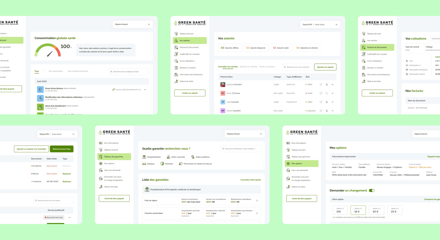 Images montrant plusieurs écrans de la WebApp Green Santé