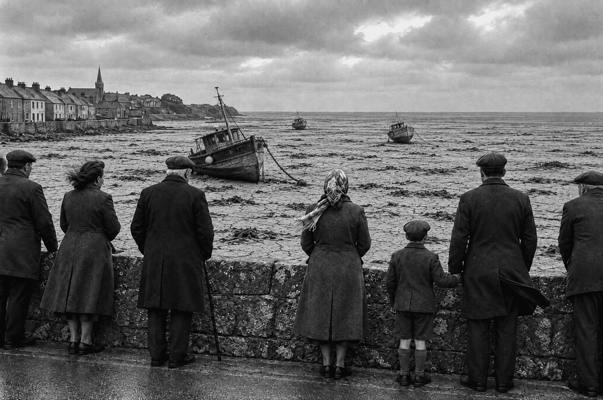 Townspeople in wool coats seen from behind at a stone seawall, looking over an empty seabed