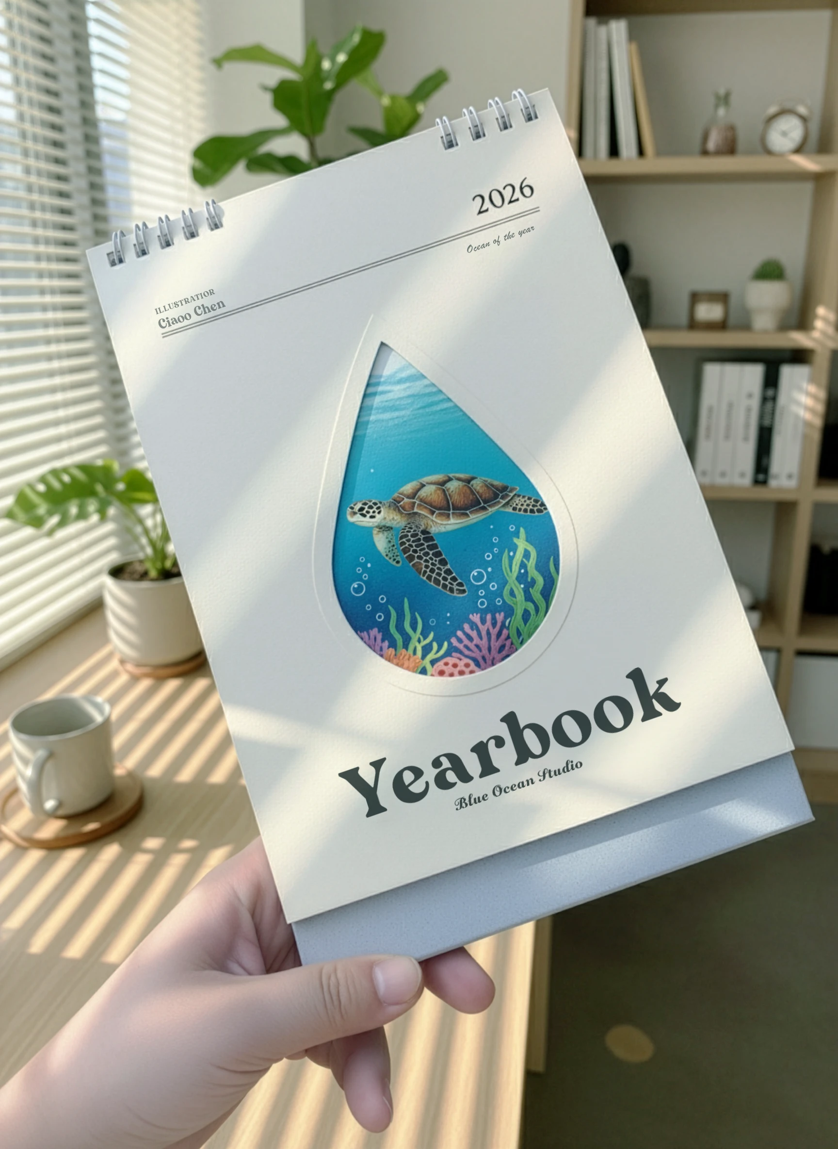 有海龜圖案的桌曆封面，拿在手上。