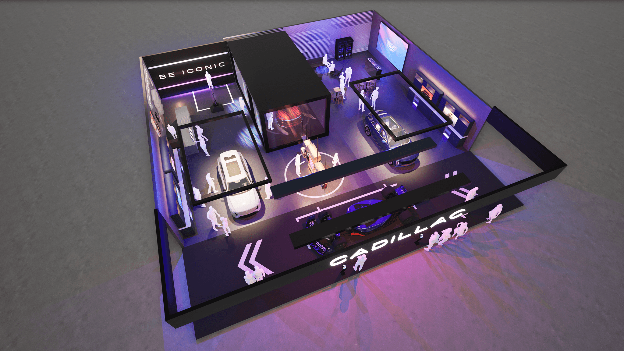 Isometric render of Cadillac event booth design showing spatial layout, vehicle zones and lighting structure