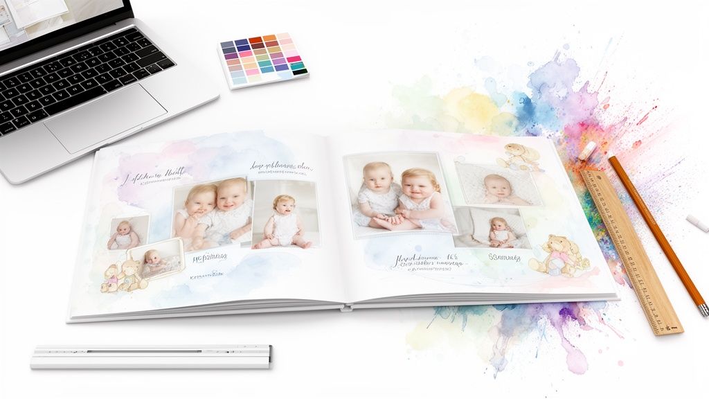 An open personalized baby photo album with watercolor splashes, a laptop, and art supplies on a white desk.