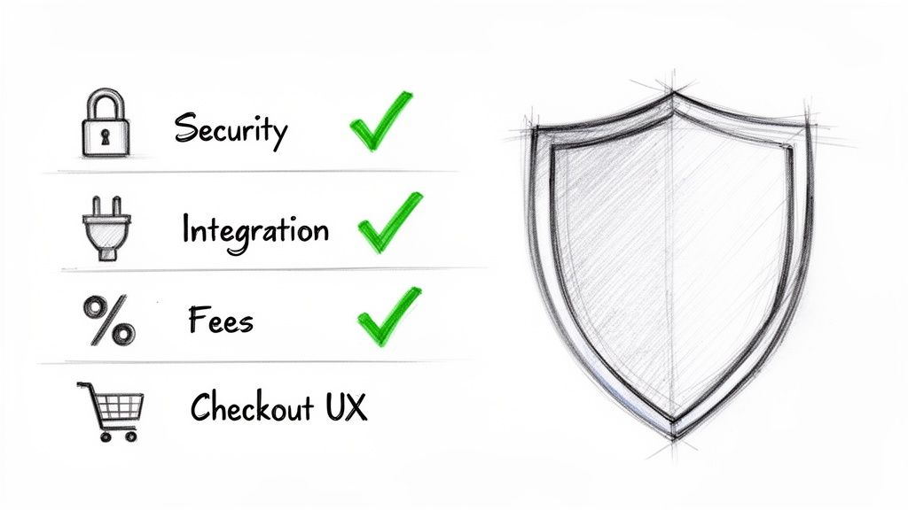 Hand-drawn image illustrating key payment processor features: Security, Integration, and Fees checked.