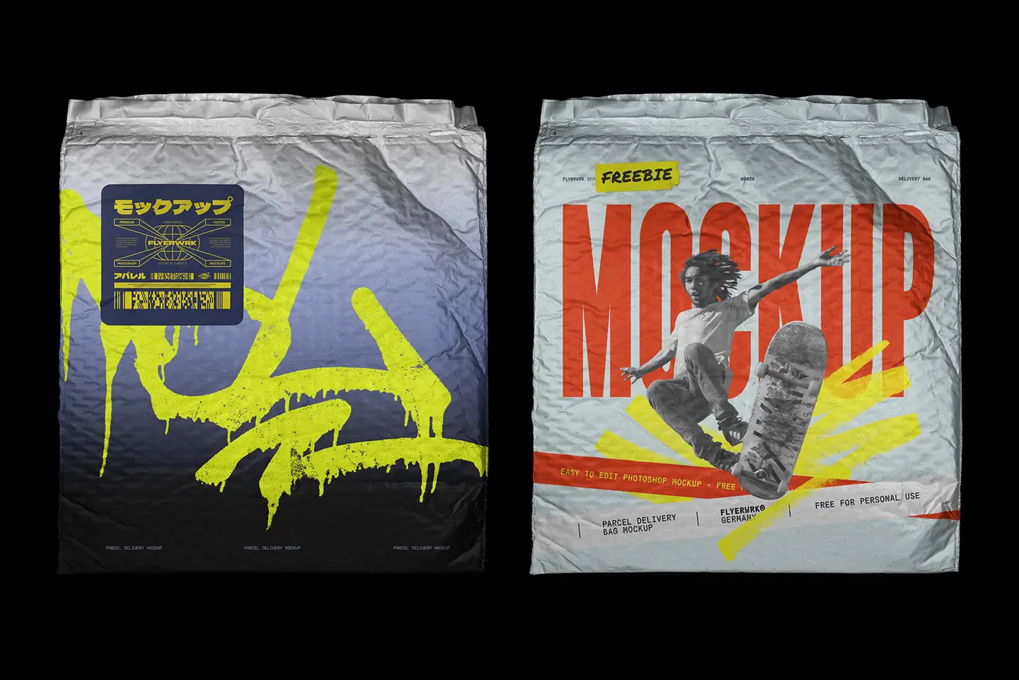 Crinkled Bubble Mailer Mockup featuring a colorful urban skateboarder graphic and yellow graffiti art on a metallic envelope