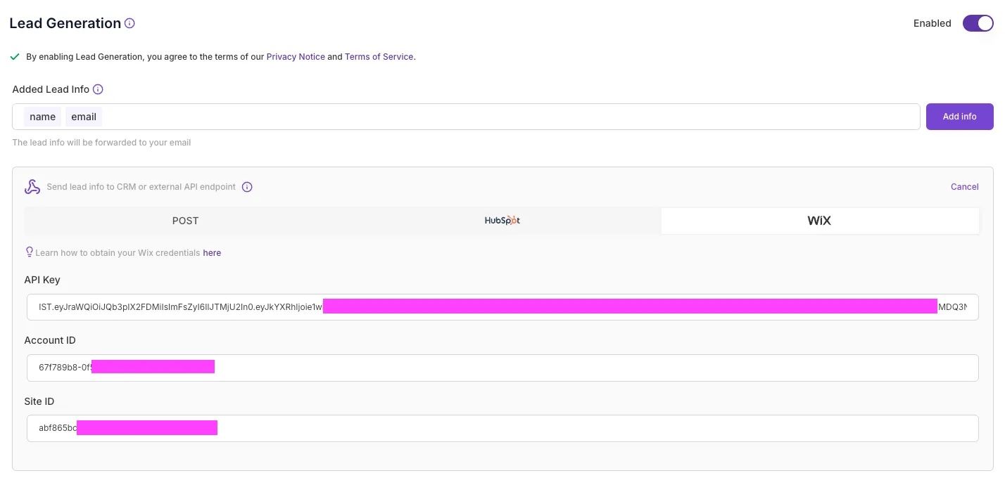 AgentX integration - Wix - step 6