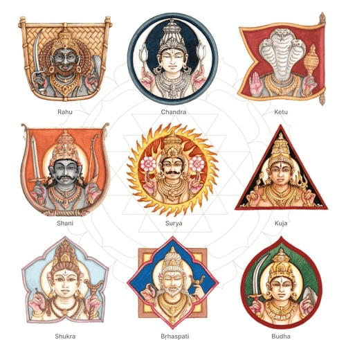 Nine colorful religious symbols arranged in a grid, depicting various deities and motifs from Hinduism and Buddhism.