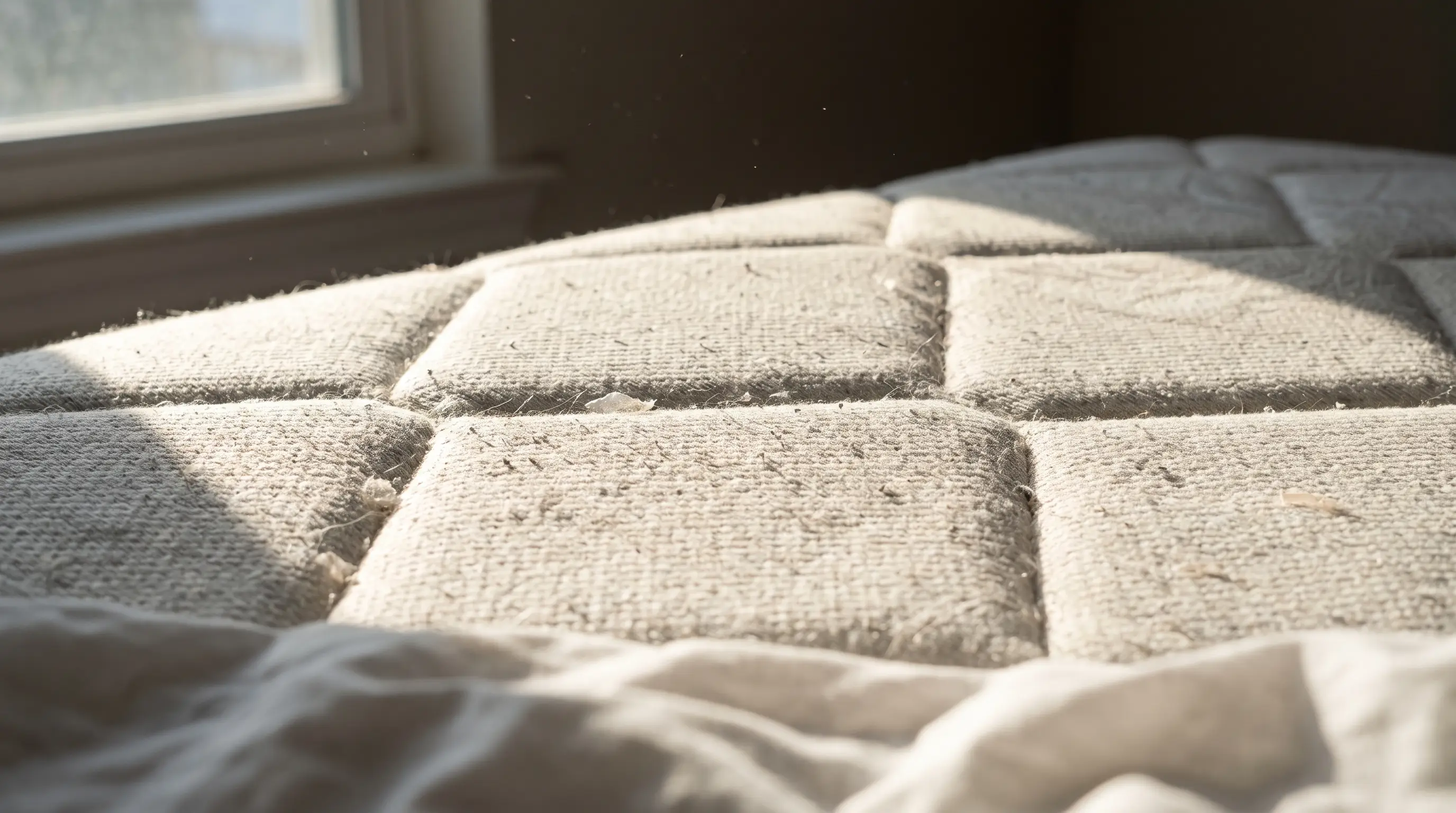 Dust, skin flakes and debris settle deep in the weave — invisible from above, obvious under side light.