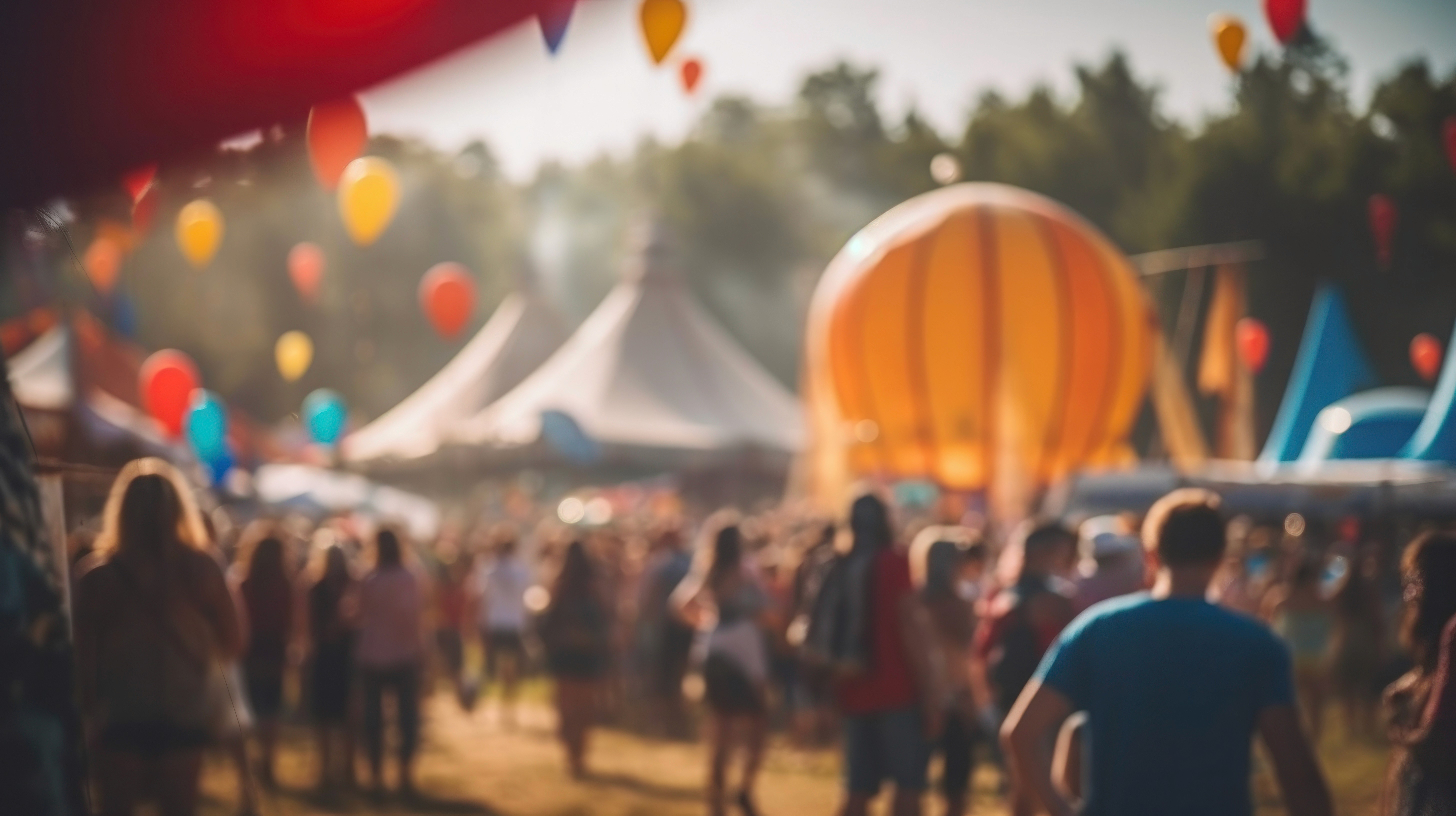 Festival d’été en plein air avec foule et montgolfière orange floue en arrière-plan, décoré de ballons colorés.