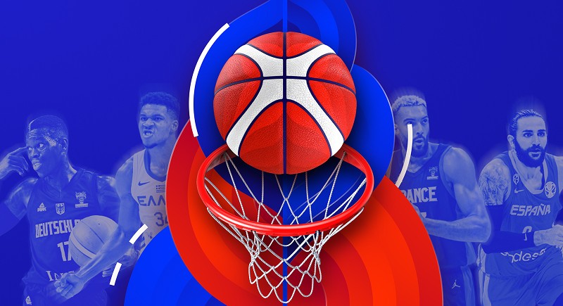 FIBA branding image with a stylized basketball about to enter a hoop