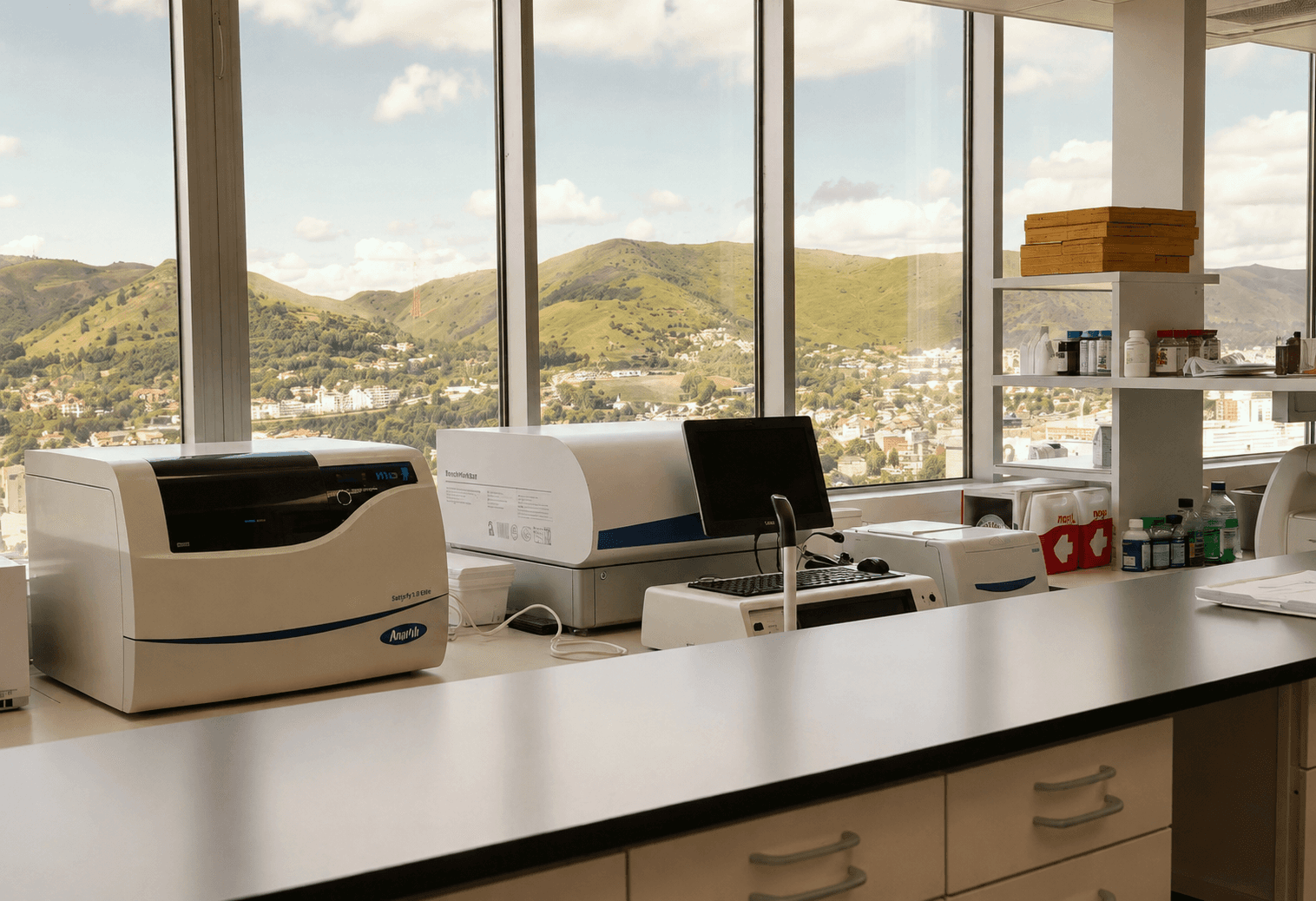 The Raphael Lab interior, with the Jerusalem hills visible through the window