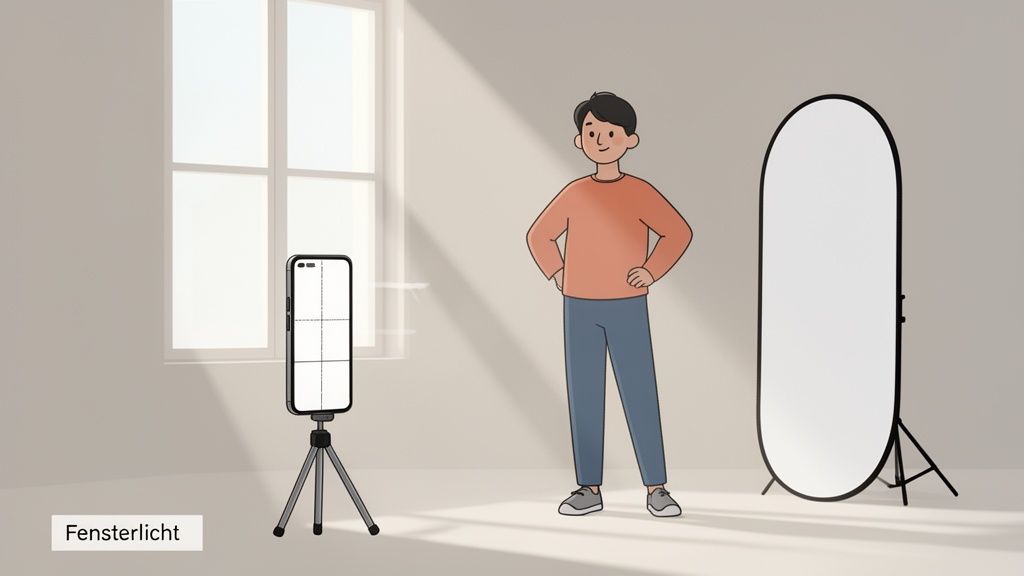 Cartoon-Mann posiert für ein Profilbild mit Smartphone auf Stativ, Fensterlicht und Reflektor.