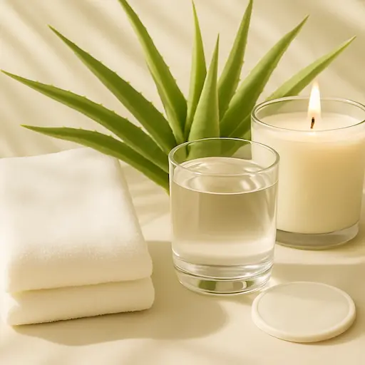 Szklanka wody, ręcznik, świeca i liście aloesu – przygotowanie skóry przed masażem Hadado