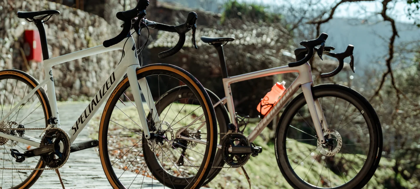 Close-up of two gravel bikes.