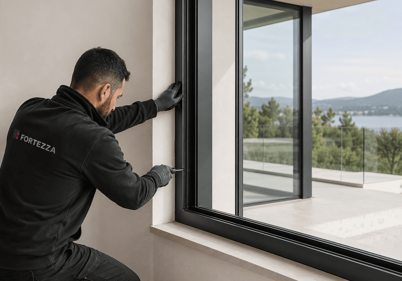 Installazione professionale di un infisso in alluminio durante la fase di posa.