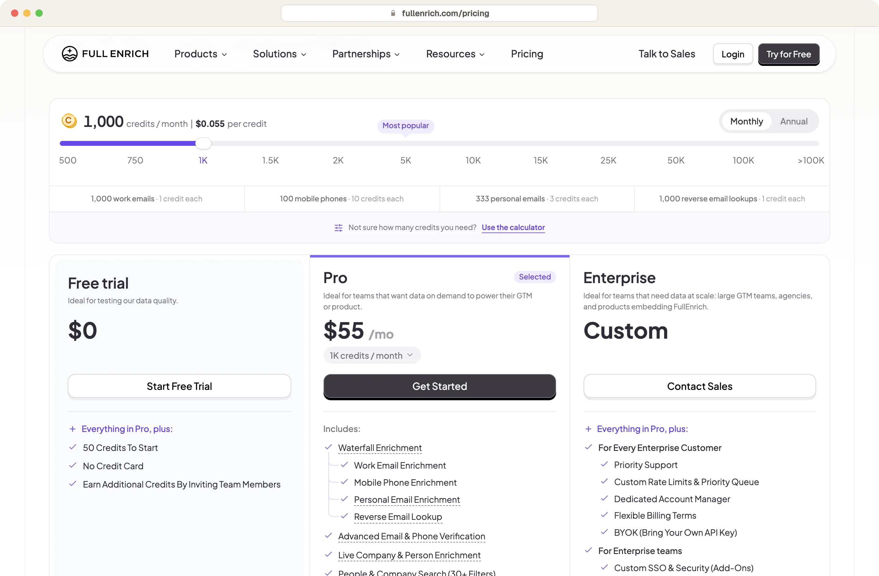 FullEnrich pricing page showing $0.055 per credit and the $55 a month Pro plan for 1,000 credits