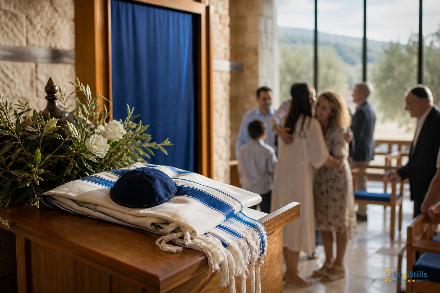 תקריב טלית מקופלת וכיפה על שולחן לפני הטקס