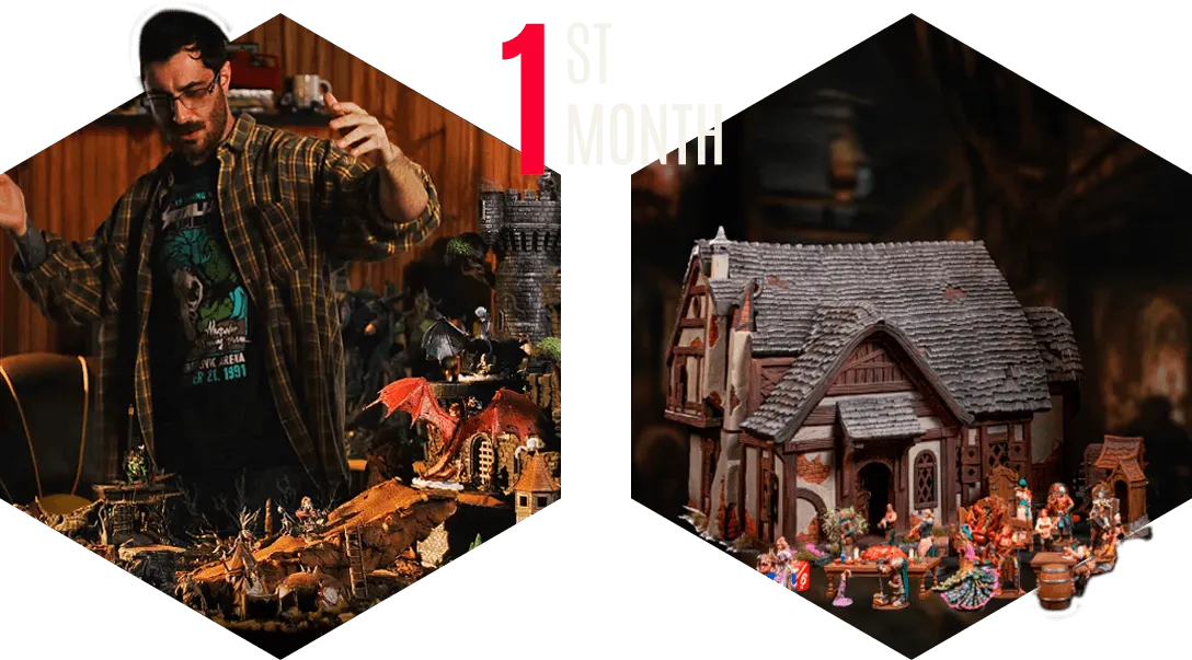 A man with an RPG table full of miniatures from Loot Studios and, right beside it, Silent Coin Taproom miniature from Loot Studios’ Welcome Pack.