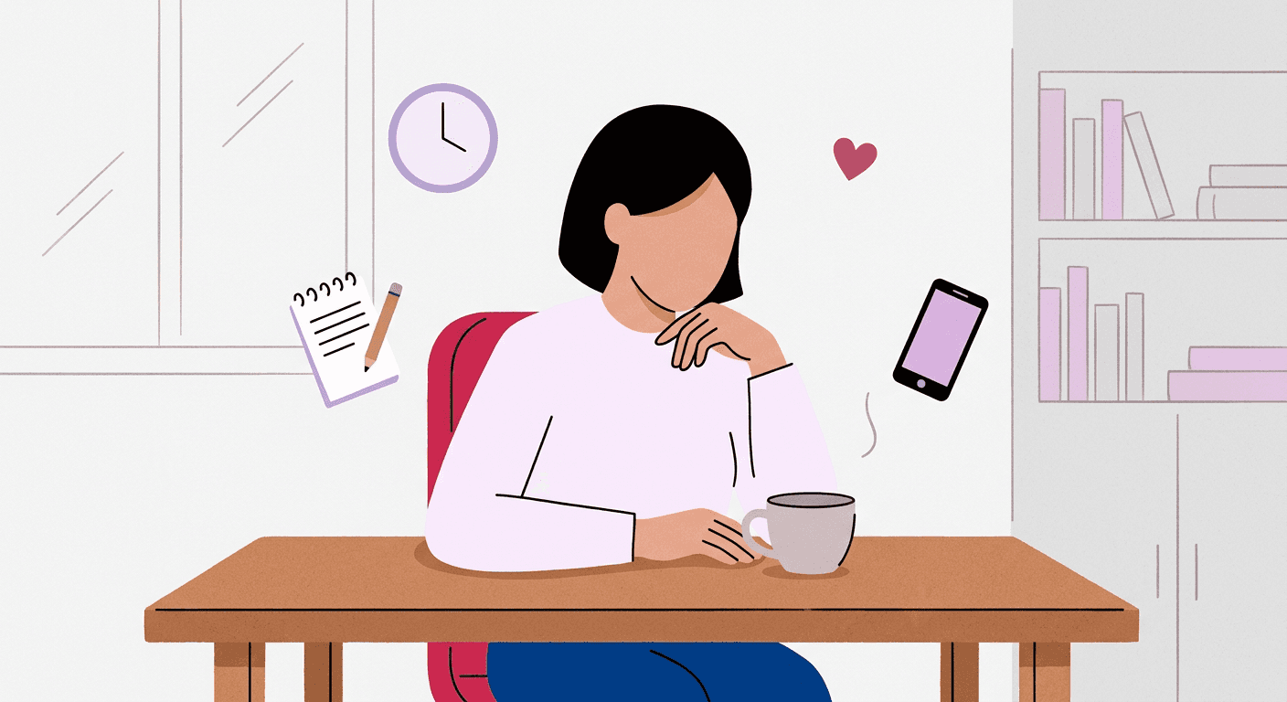 Illustration of a person sitting alone with symbolic objects representing the mental load of caregiving