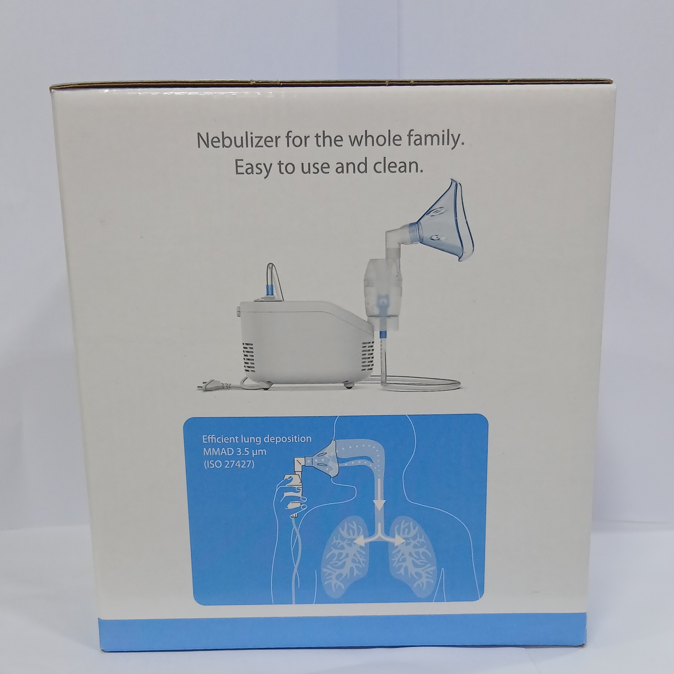 White cardboard packaging displays an illustration of a compact nebulizer machine with a blue and white diagram of lung deposition showing particle size of 3 to 5 micrometers.